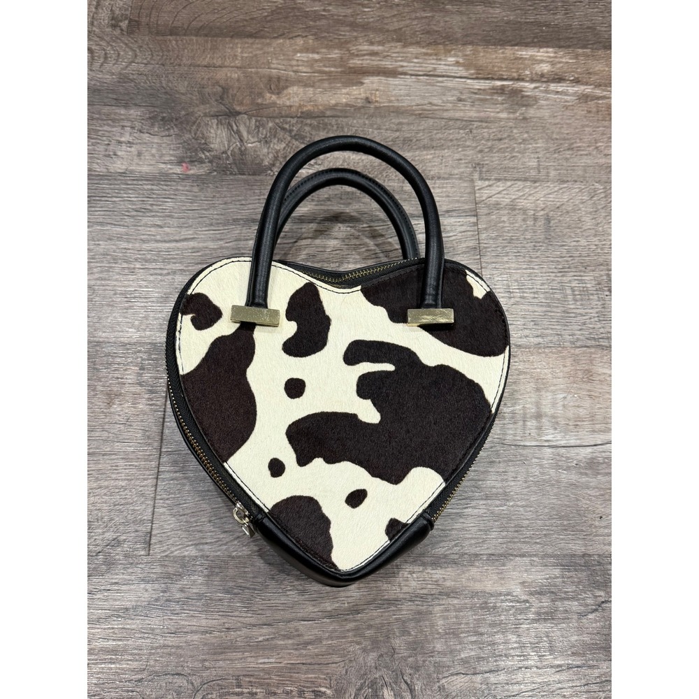 Topshop Heart Shaped Cow Print Handbag Black White Faux Fur Satchel Bag